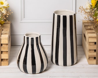 Black & White Striped Tall / Round Ceramic Glazed Flower Vases