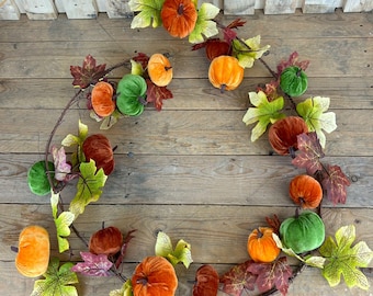 Rustic Halloween Garland Velvet Plush Pumpkins & Maple Autumn Leaves 180cms