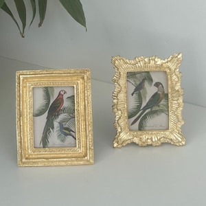 May include: Two rectangular picture frames with a metallic gold finish. The left frame has a stepped, linear border, while the right frame features a textured, scalloped edge. Both contain prints of colorful tropical birds perched on palm leaves.