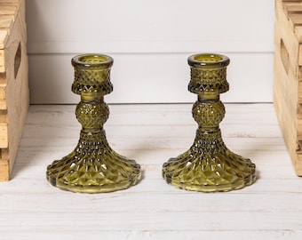 2 x Olive Green Candlestick Vintage Retro Glass Harlequin Candle Holder Set