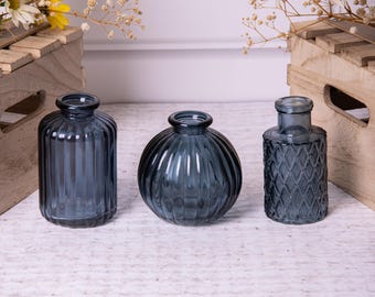 Set of 3 Blue Vintage Glass Ribbed Bottle Flower Display Bud Vases
