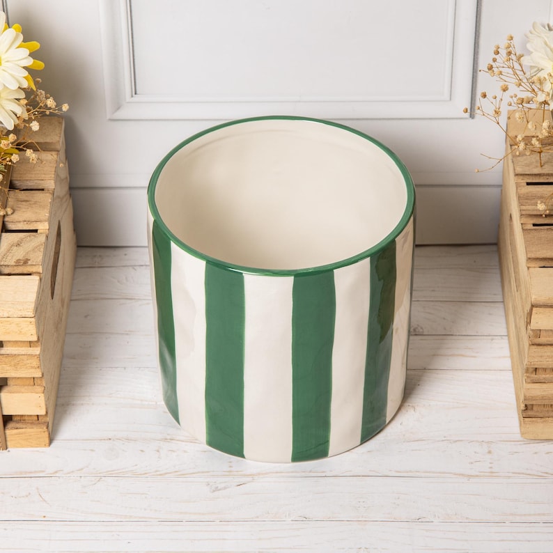 Green & White Striped Flower Pot Ceramic Glazed Large Indoor Planter image 3