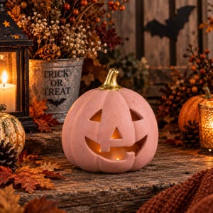 May include: A matte pink ceramic jack-o'-lantern with a metallic gold stem and cut-out facial features illuminated from within by a warm light, positioned among autumn-themed decor including a metal bucket with the text TRICK OR TREAT.