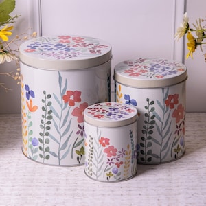 Set 3 Floral Storage Tins Flowers Round Metal Kitchen Canisters