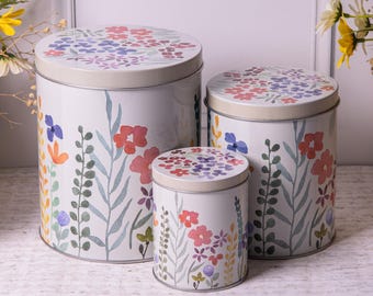 Set 3 Floral Storage Tins Flowers Round Metal Kitchen Canisters