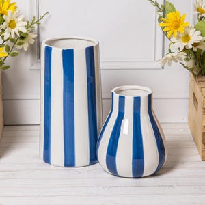 Blue & White Striped Ceramic Tall / Round Glazed Flower Display Vases