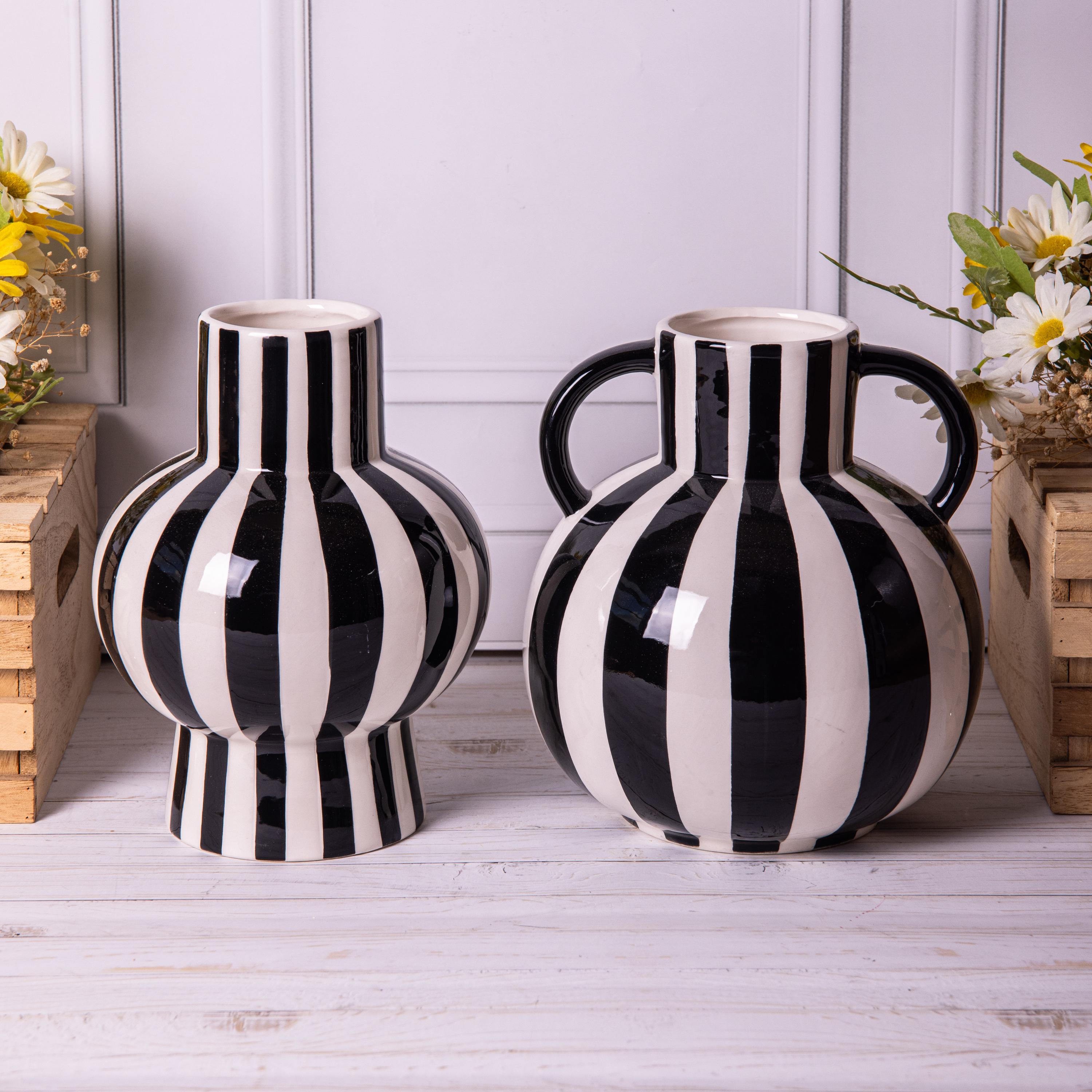 Black & White Vase Striped Ceramic Glazed Flower Display Handled Vases