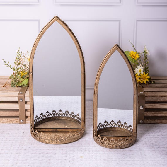 Gold Metal Garden Wall Mirror With Shelf Arched Ornate Decor Indoor or Outdoor