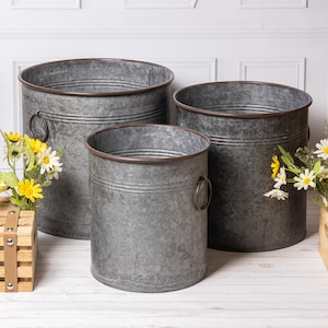 Large Metal Zinc Flower Pot planters Round Garden Vintage Rustic Ring Handles