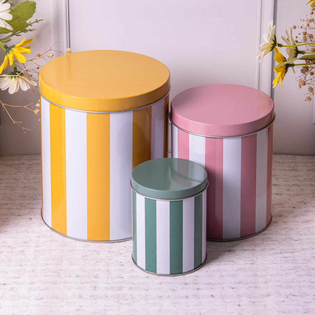 Set 3 Striped Green Pink Yellow Storage Tins Round Metal Kitchen Canisters Decor