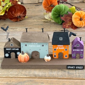 Halloween Spooky Wooden House Street Block Scene Pumpkins & Bats Ornament Decor