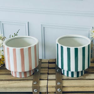 Pink or Green Striped Flower Pot Ceramic Indoor Planters