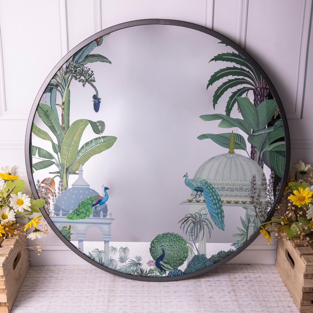 Oriental Peacock Wall Mirror Metal Framed Indoor / Outdoor Round Wall