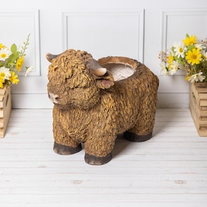 May include: A brown Highland cow planter with a textured, shaggy fur design. The planter has a large opening for plants and small horns. The cow's hooves are dark. The background features a white wall and a white wooden floor.