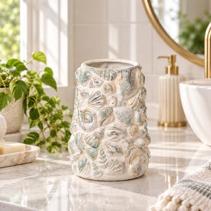 Shell Stoneware Embossed Coastal Ceramic White Flower Vase