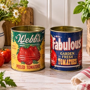 Op de afbeelding: Twee metalen blikken in vintage stijl. Het linkerblik is geel en groen met de tekst Webb's Peeled Tomatoes. Het rechterblik is blauw en rood met de tekst Fabulous Garden Fresh Tomatoes. Beide blikken zijn voorzien van afbeeldingen van tomaten.
