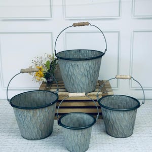 Set 4 Verzinkter Metalleimer Pflanztopf Grau Pflanze Blumentopf Garten Holzgriff