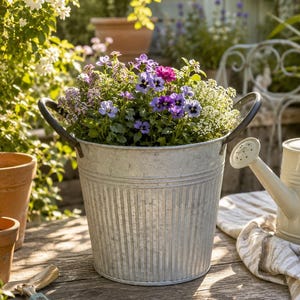 May include: A galvanised metal bucket with vertical ribbing and two side handles, filled with a vibrant arrangement of purple and white pansies and small white flowers. The bucket has a weathered, industrial finish and a wide, open top.