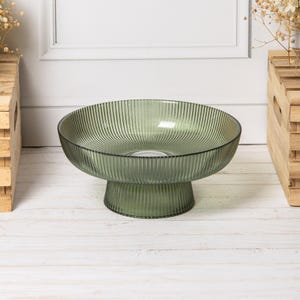 Vintage Green Ribbed Glass Fruit Bowl Ceramic Decorative Pedestal Dessert Dish