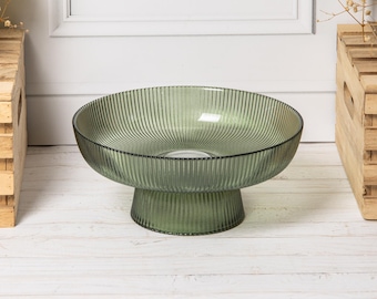 Vintage Green Ribbed Glass Fruit Bowl Ceramic Decorative Pedestal Dessert Dish