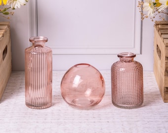 Set 3 Rose Pink Vintage Glass Bottles Small Bud Posy Vases Ribbed Flower Holder