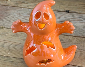 LED Light-Up Halloween Ghost Orange Ceramic Large Autumn Ornament Decor