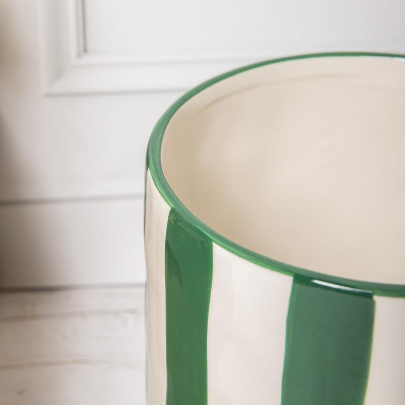 Green & White Striped Flower Pot Ceramic Glazed Large Indoor Planter image 2