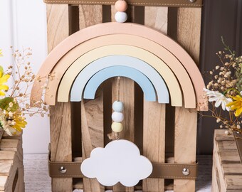 Regenbogen & Wolke Mobile Holzbogen mit Perlen Baby Krippe Unisex Kinderzimmer Dekor Geschenk