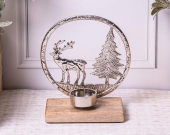 Silver Metal Stag/Reindeer Christmas Tree Scene Tealight Candle Holder Wood Base