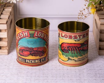 Set of 2 Utensil Tins Vintage Storage Kitchen Salmon Lobster Metal Plant Pots