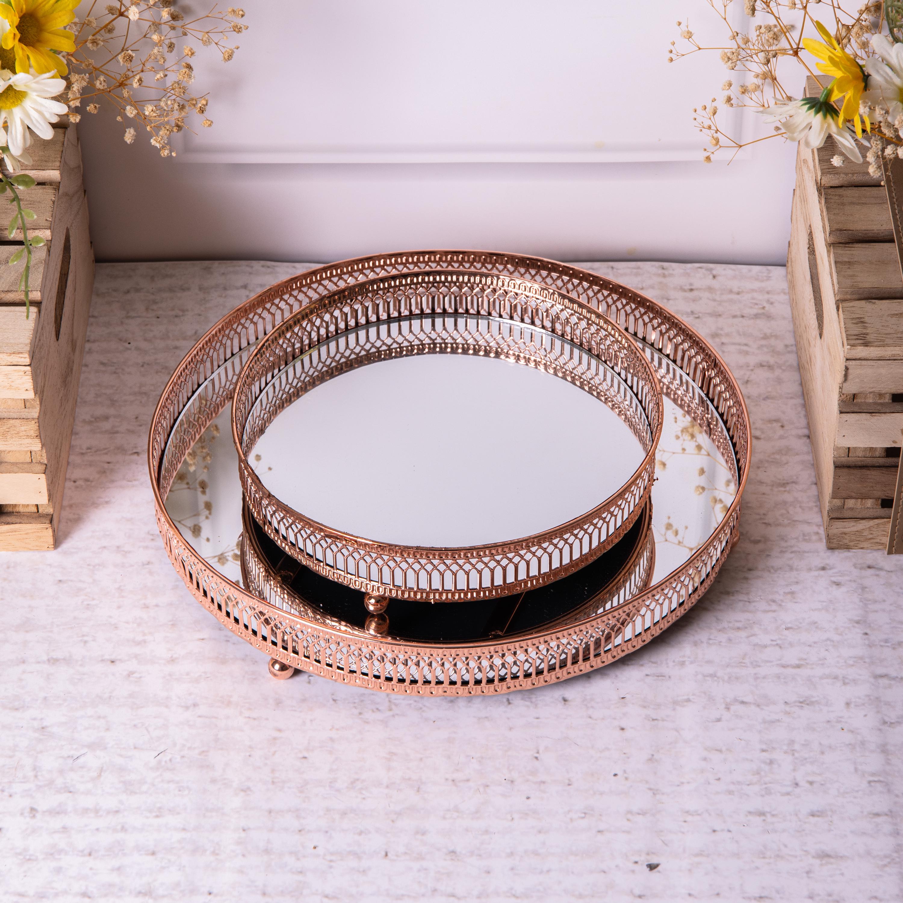 Copper Rose Gold Round Mirror Glass Vintage Metal Plate Drinks
