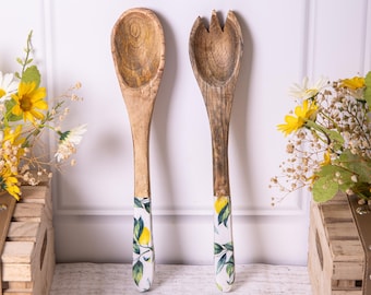 Spoon & Fork Servers Mango Wood Enamelled Lemon Handle Salad Serving Set