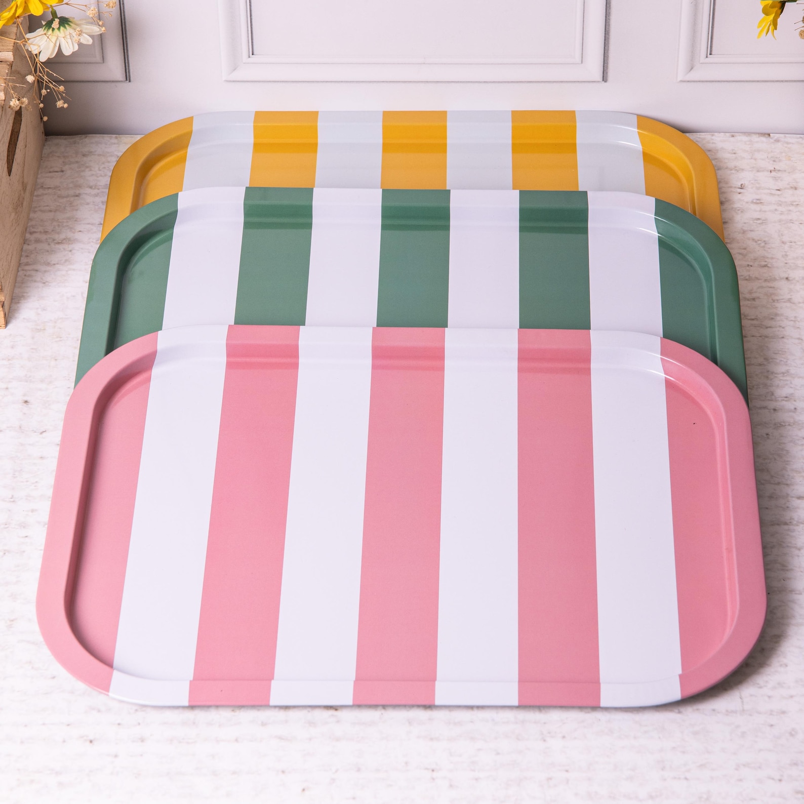 Yellow Green Pink Striped Tray Metal Tea Breakfast Lap Tray Serving Platter