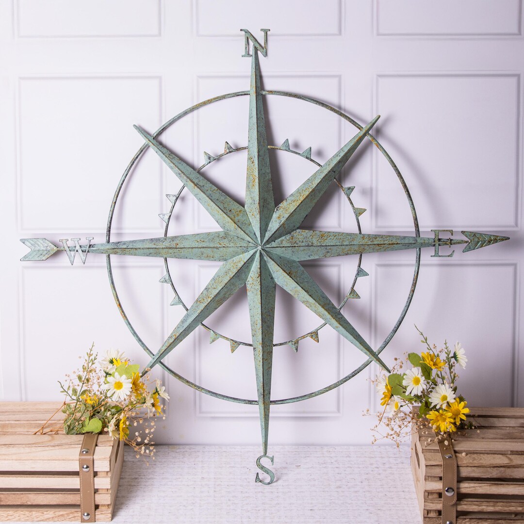 Rustic Compass Green Antique Metal Wall Art Garden Vintage Plaque Decor ...