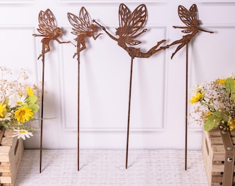 Set of 4 Rustic Fairy Metal Garden Art Stakes Lawn Ornament Decor Gift
