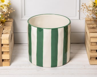 Green & White Striped Flower Pot Ceramic Glazed Large Indoor Planter