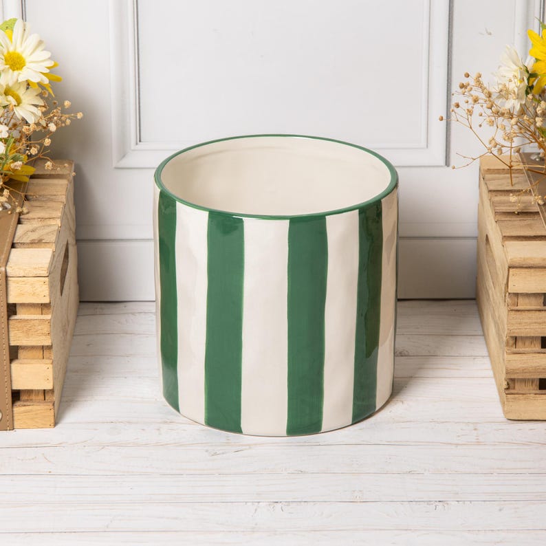 Green & White Striped Flower Pot Ceramic Glazed Large Indoor Planter image 1