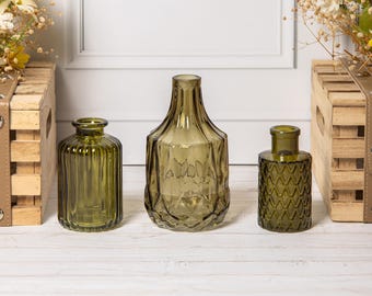 Set of 3 Olive Green Vases Vintage Glass Ribbed Bottle Flower Display Bud Vases