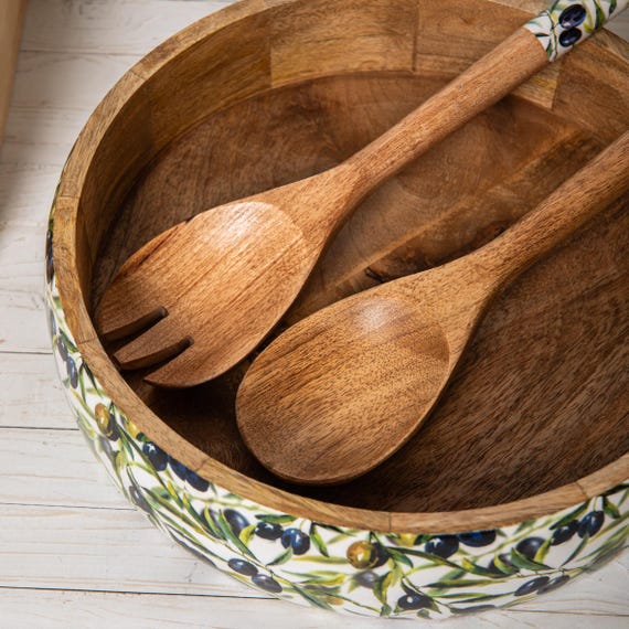 Große Salatschüssel aus emailliertem Mangoholz mit Servierlöffel und -gabel (30 cm)