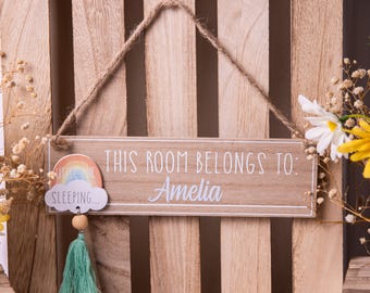 Personalised Wood Rainbow Plaque Sign 'This Room Belongs To' Baby Nursery Decor