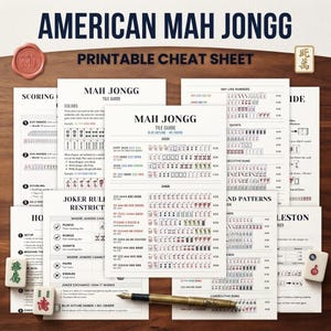 Op de afbeelding: Een verzameling printbare spiekbriefjes voor American Mah Jongg met scoregidsen, tegelgidsen en jokerregels. De documenten bevatten tekst, cijferreeksen en tegelillustraties in zwart, rood, blauw en groen. Een gouden vulpen ligt over de papieren, met drie losse Mah Jongg-tegels ernaast.
