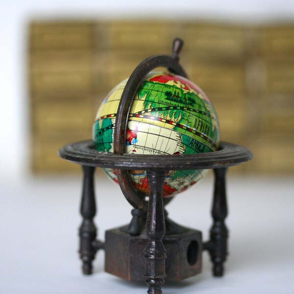 Sharp as a . . . Vintage Globe Pencil Sharpener, Tin Litho Globe, World, Earth