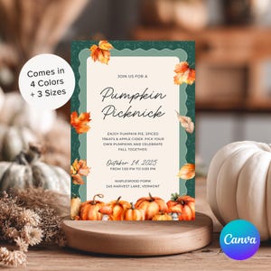 Op de afbeelding: Een herfstthema uitnodiging met de tekst "Pumpkin Picknick" en details voor een evenement op 14 oktober 2025. Het ontwerp bevat oranje pompoenen, herfstbladeren en de tekst "Comes in 4 Colors + 3 Sizes."