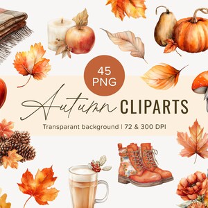 Op de afbeelding: Een verzameling herfst-thema cliparts met pompoenen, appels, bladeren, laarzen en een deken. De tekst luidt "Autumn Cliparts" met details over de transparante achtergrond en DPI.
