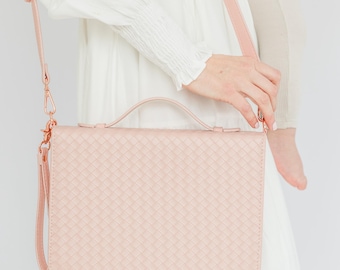 Blush Vegan Leather Weave Bible Cover: Crossbody Book Bag