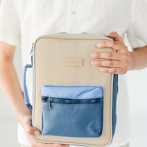 Op de afbeelding: Een beige en blauwe rugzak met een voorvak en een handvat. De rugzak heeft de tekst "EVER. AI" op de voorkant. De rugzak wordt door een persoon vastgehouden.