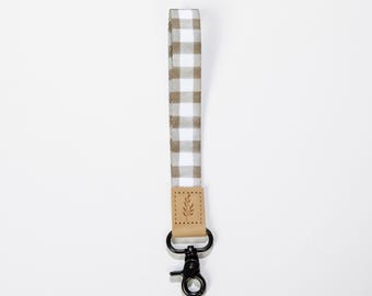 Wristlet Keychain, Wrist Lanyard, Keychain, Brown & White Checkered