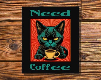 Black Cat Coffee Sticker: Waterproof Vinyl Decal for Laptop, Water Bottle