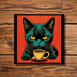 Pegatinas de gato negro - Gatos y café - Pegatinas de gato para portátiles - Pegatinas de vinilo para portátiles, Pegatinas para botellas de agua - Adhesivos impermeables
