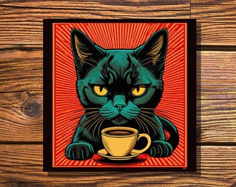 Black Cat Coffee Sticker: Waterproof Vinyl Decal for Laptop, Water Bottle